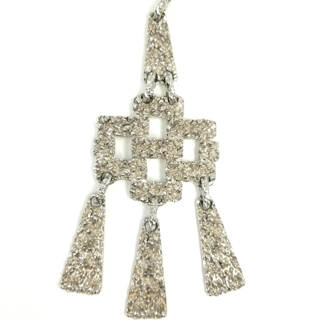 Rare Vintage 1970s Silvertone Metal Pendant In Brutalist Style